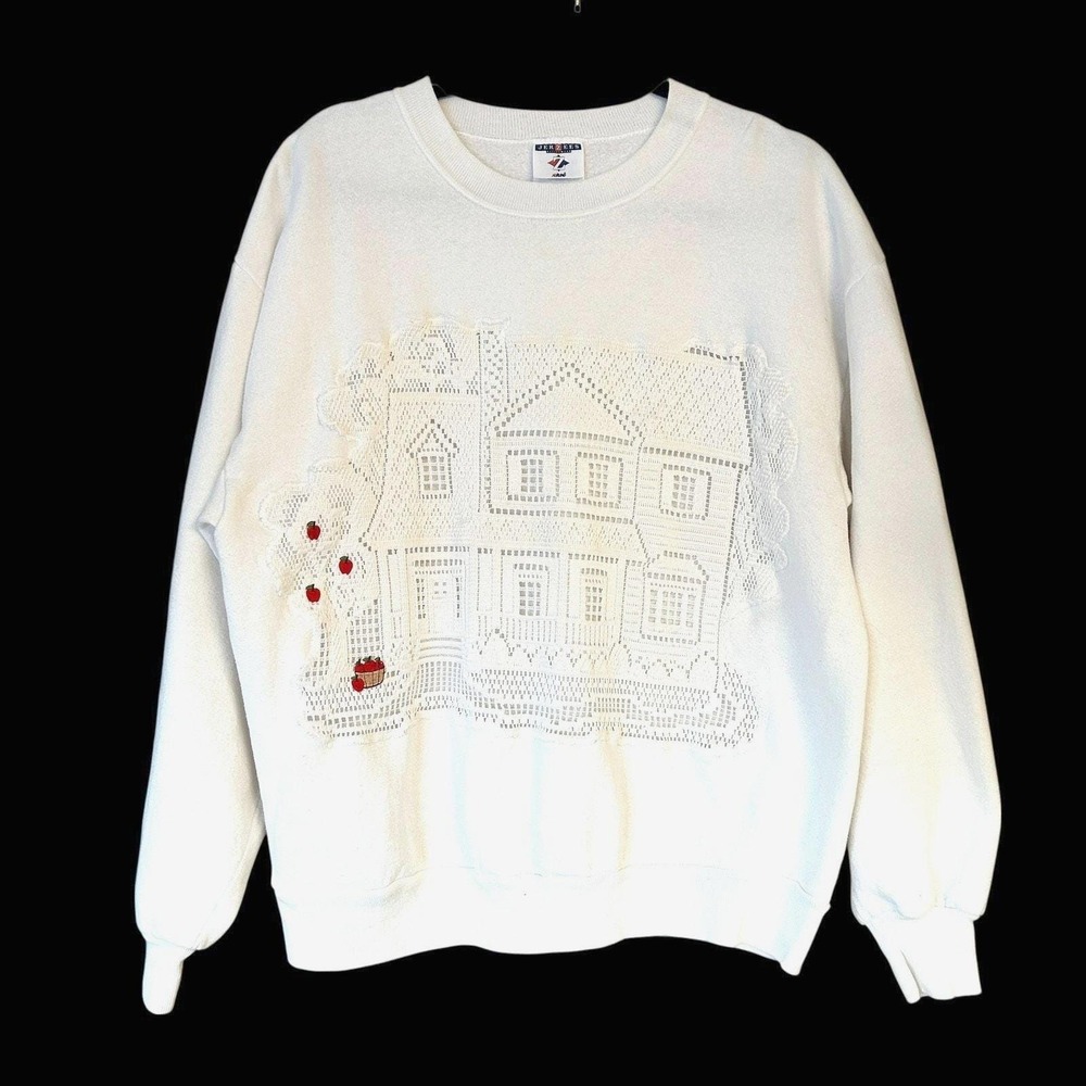 Grandmacore Lace Applique Sweatshirt Size L See-through Panel OOAK Upcycled Top